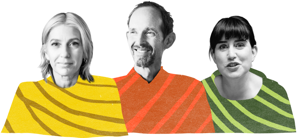 Portraits of Erica Neve, Patrick Andrews and Jane ní Dhulchaointigh over striped yellow, orange and green shoulder shapes