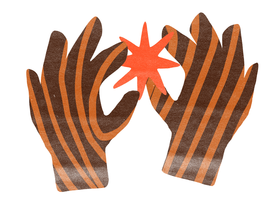 Two striped hands, brown and burnt orange, holding a bright orange star