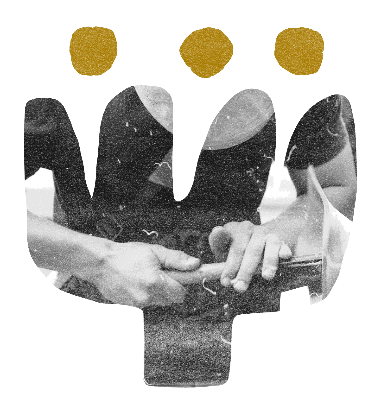 Black-and-white photographic cut-out of hands at work, with three mustard dots above