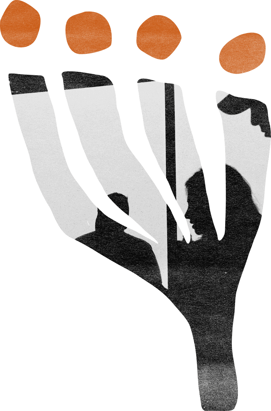 Black-and-white photographic cut-out shaped like a hand of flower stems, with four burnt orange dots above
