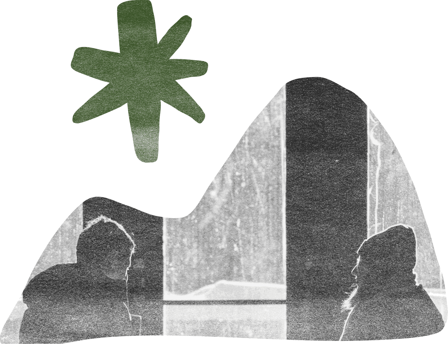 Grayscale photographic cut-out of two figures on a hillside, with a green star above