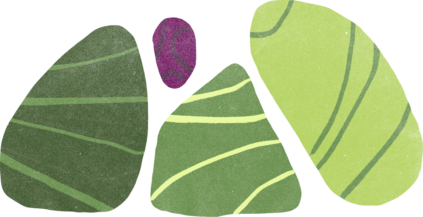 Four leaf shapes in forest, mid and pale green with a small magenta pod between them