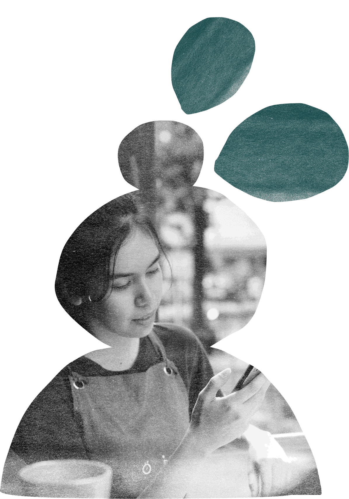 Black-and-white photographic cut-out of a woman at a café table looking at her phone, with three teal leaves rising above her