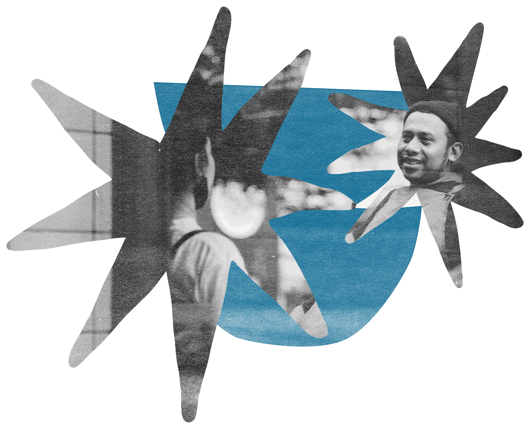 Blue paper cut-out with two black star-bursts holding grayscale photographs of people