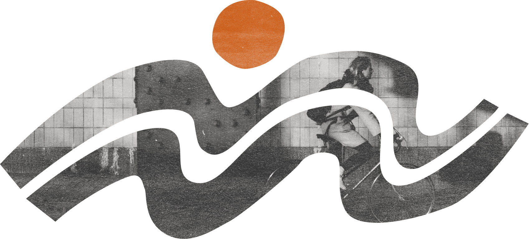 Grayscale photographic cut-out of a cresting wave with a cream line through it and a burnt orange sun