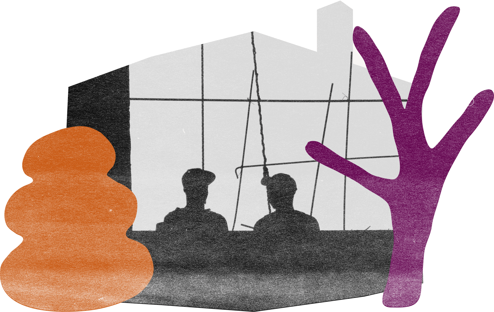Grayscale silhouettes of two people at a window, framed by a burnt orange boulder and a purple tree