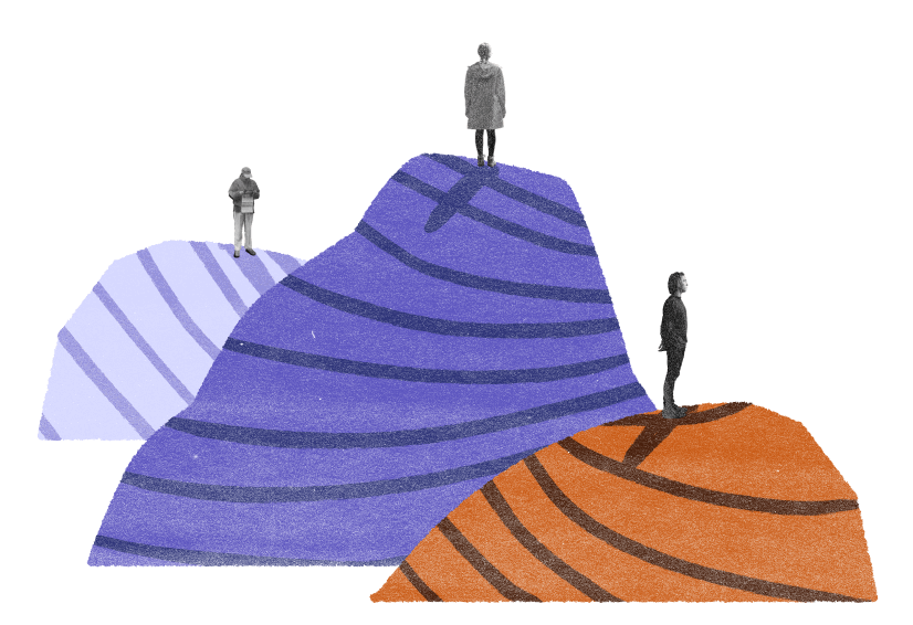 Torn-paper hills in pale violet, violet and burnt orange, with grayscale cut-out figures standing on the peaks