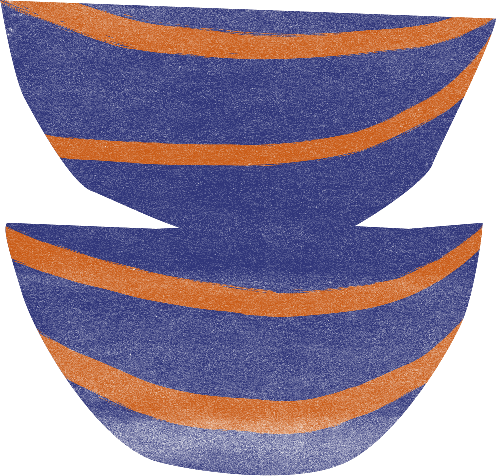 Two navy bowls with burnt orange stripes, stacked