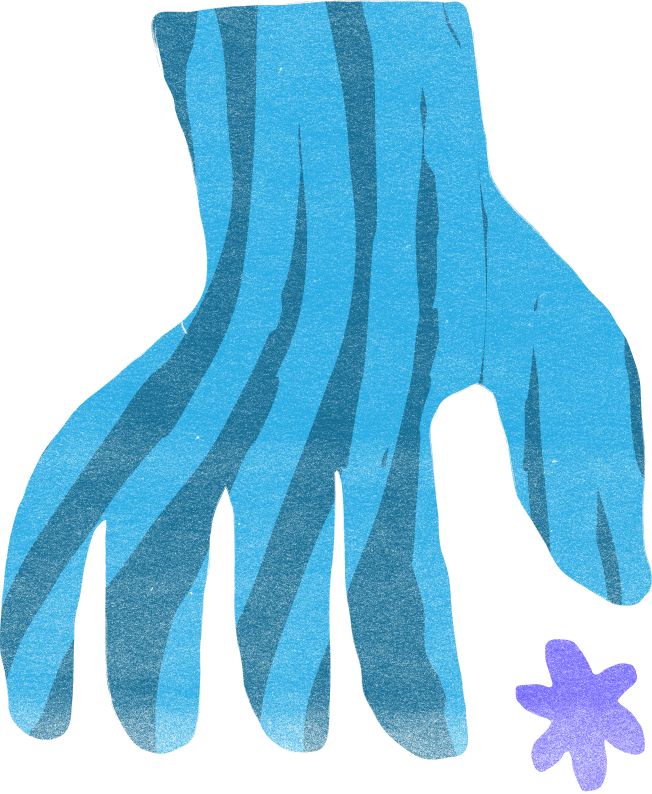 Illustration of an open blue hand, with a small violet flower accent