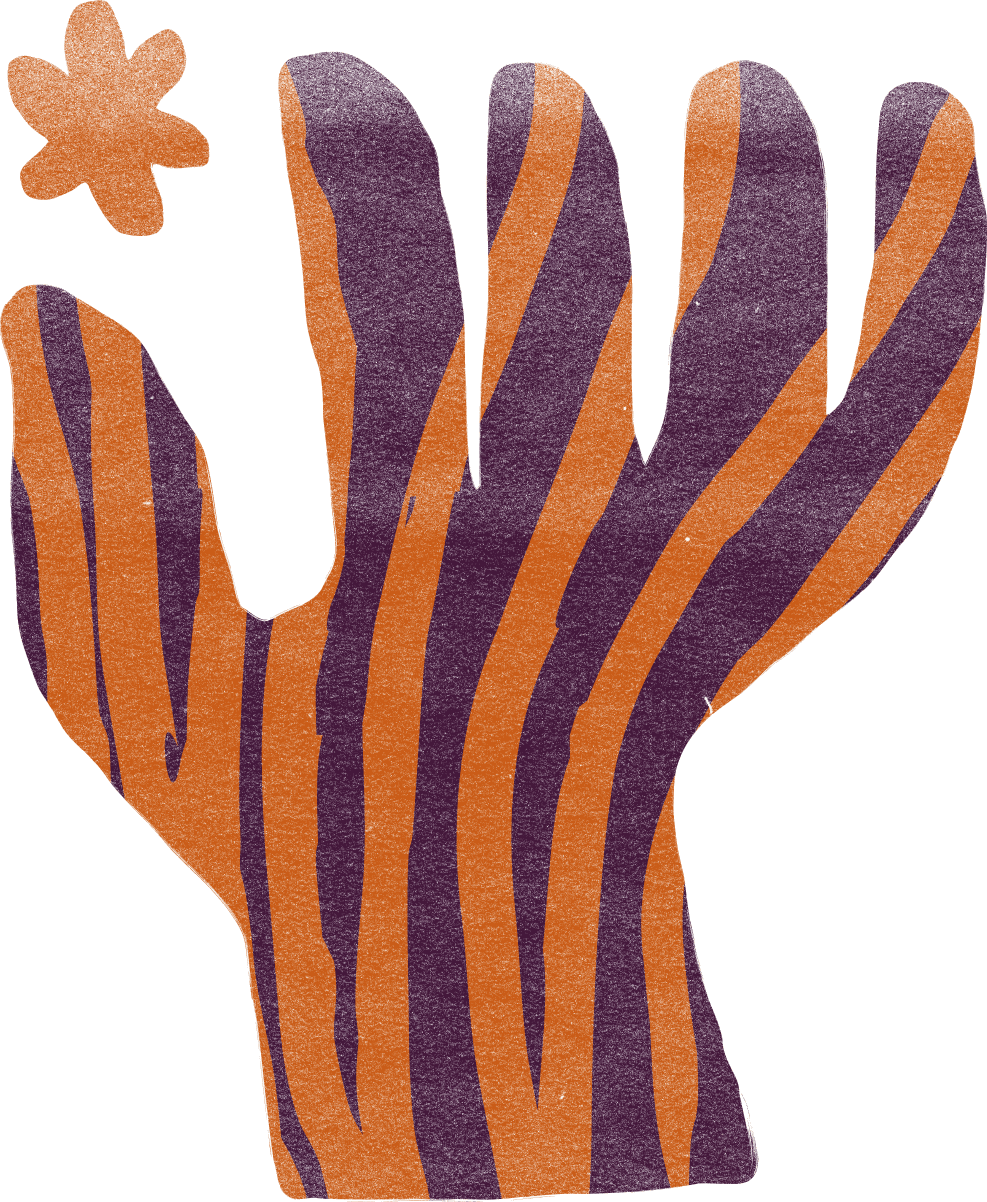 Open hand in burnt orange and purple stripes with a small orange flower