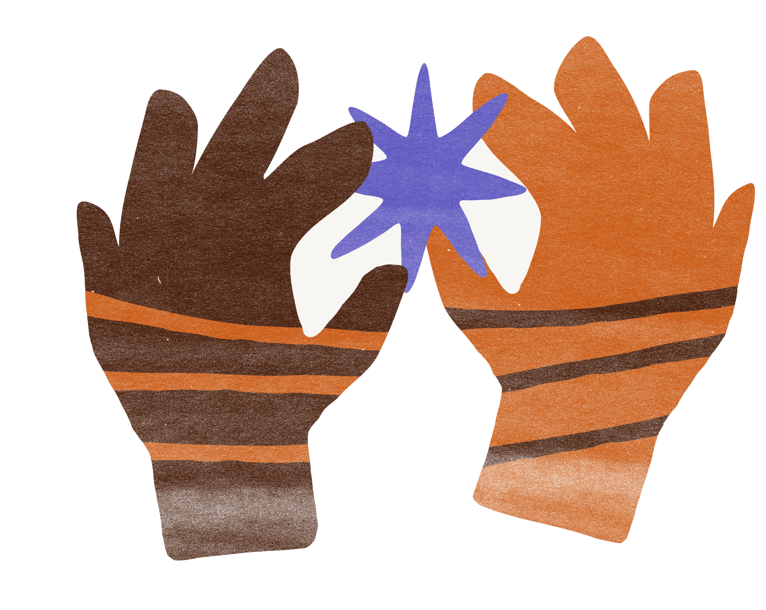 Two striped hands, one brown and one burnt orange, reaching up to a violet star