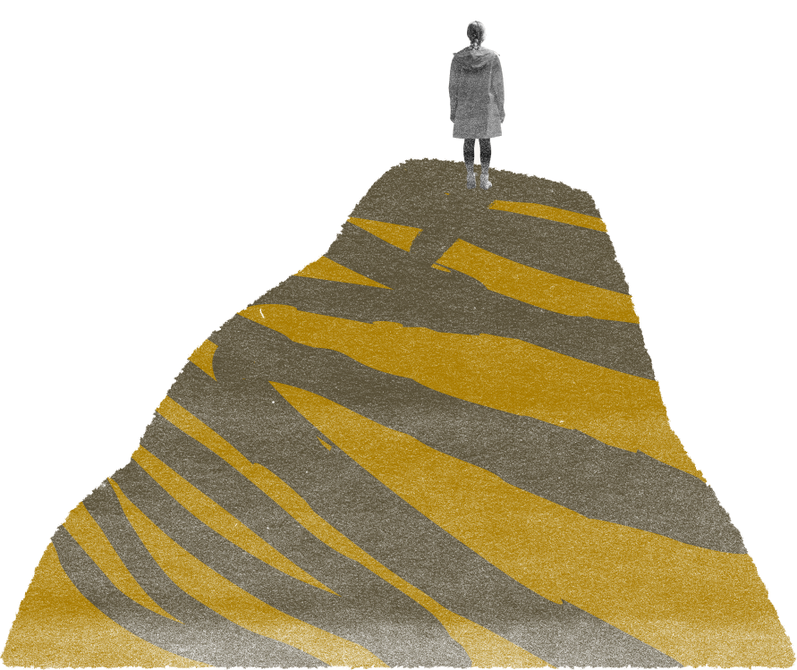 Mustard and grey striped hill with a grayscale cut-out figure standing on the summit