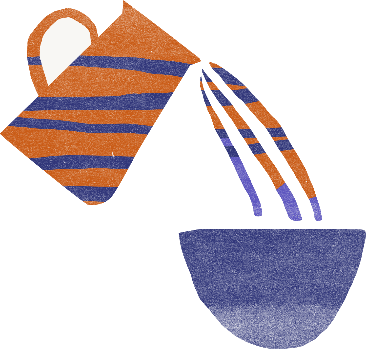 A burnt orange jug with navy stripes pouring three striped streams into a navy bowl