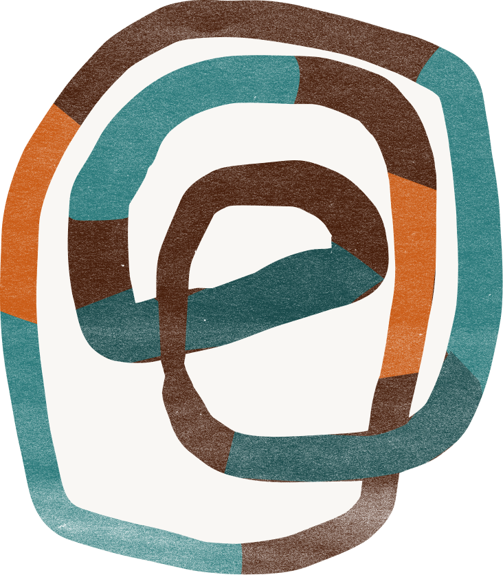 Spiral of interlocking loops in teal, brown and burnt orange