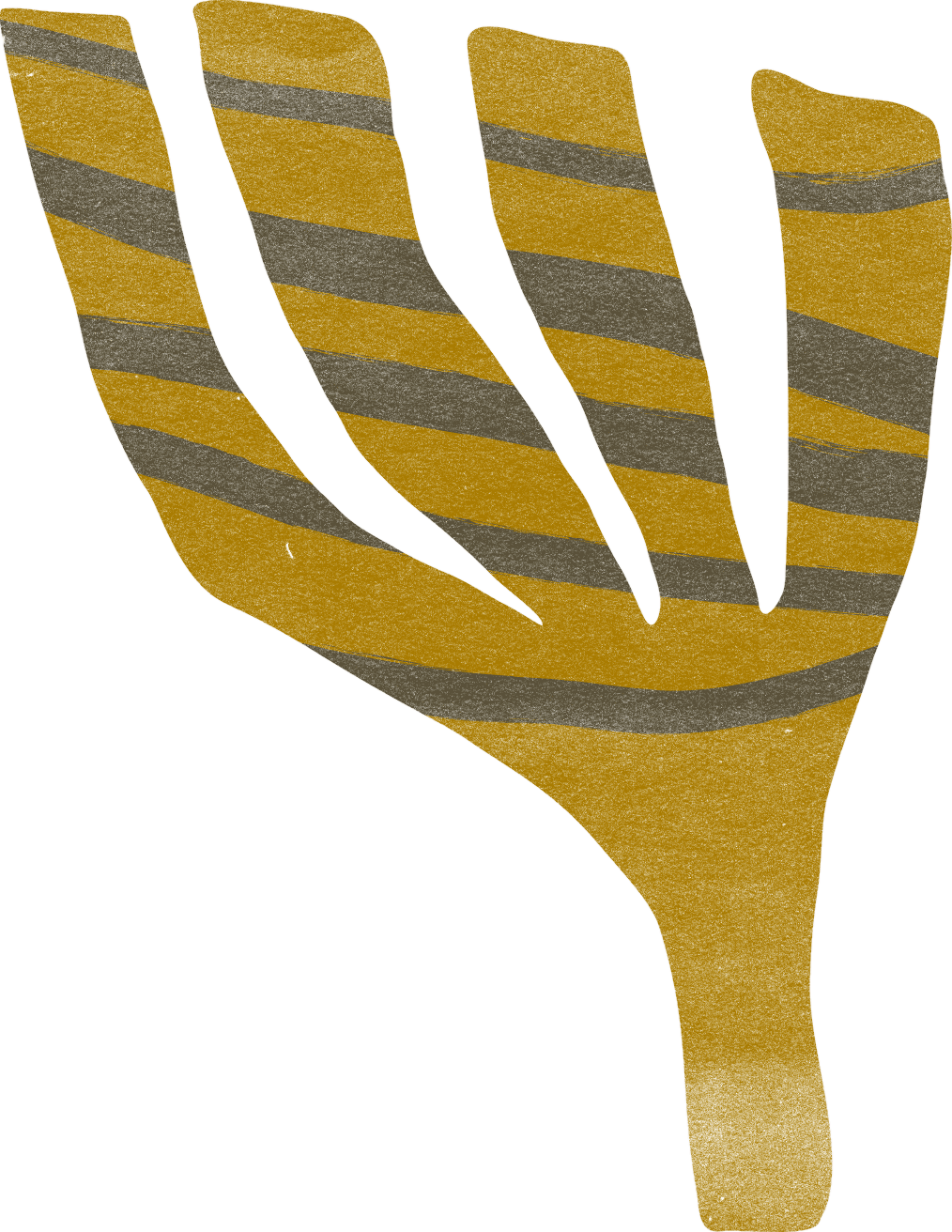 Tree in mustard and grey, four bare branches fanning from a tapering trunk