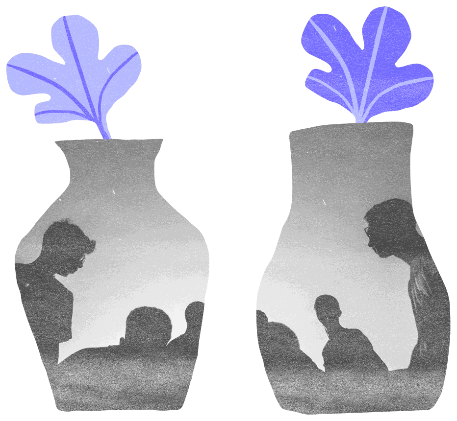 Two grayscale vase silhouettes holding cut-out figures, with violet leaves growing from each