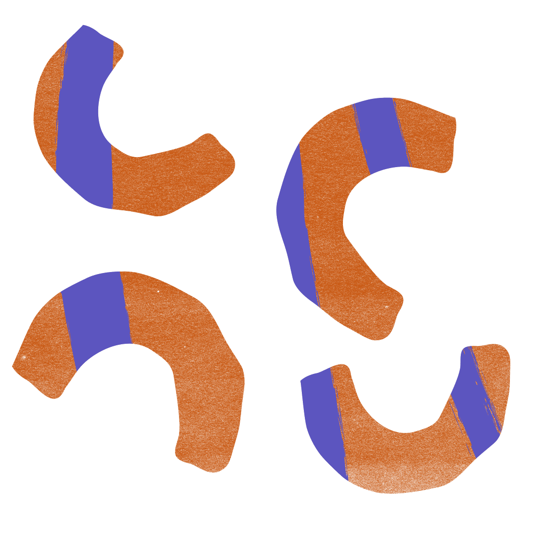 Four burnt orange arcs with violet bands, scattered like broken rings