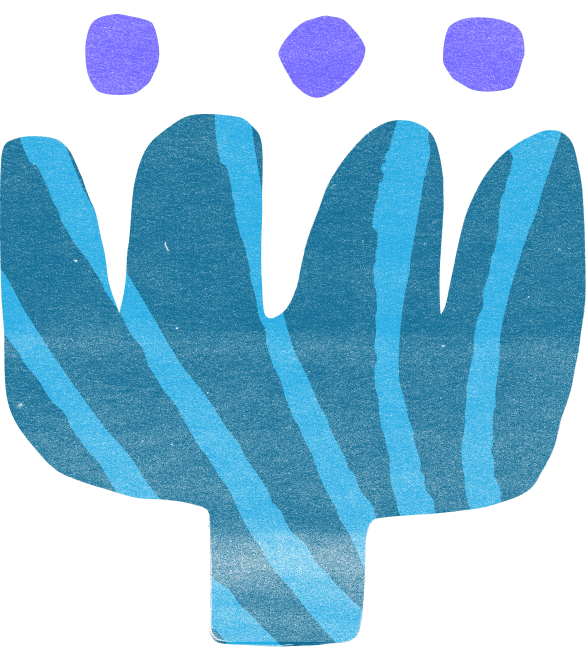 Teal plant illustration with three violet seed dots