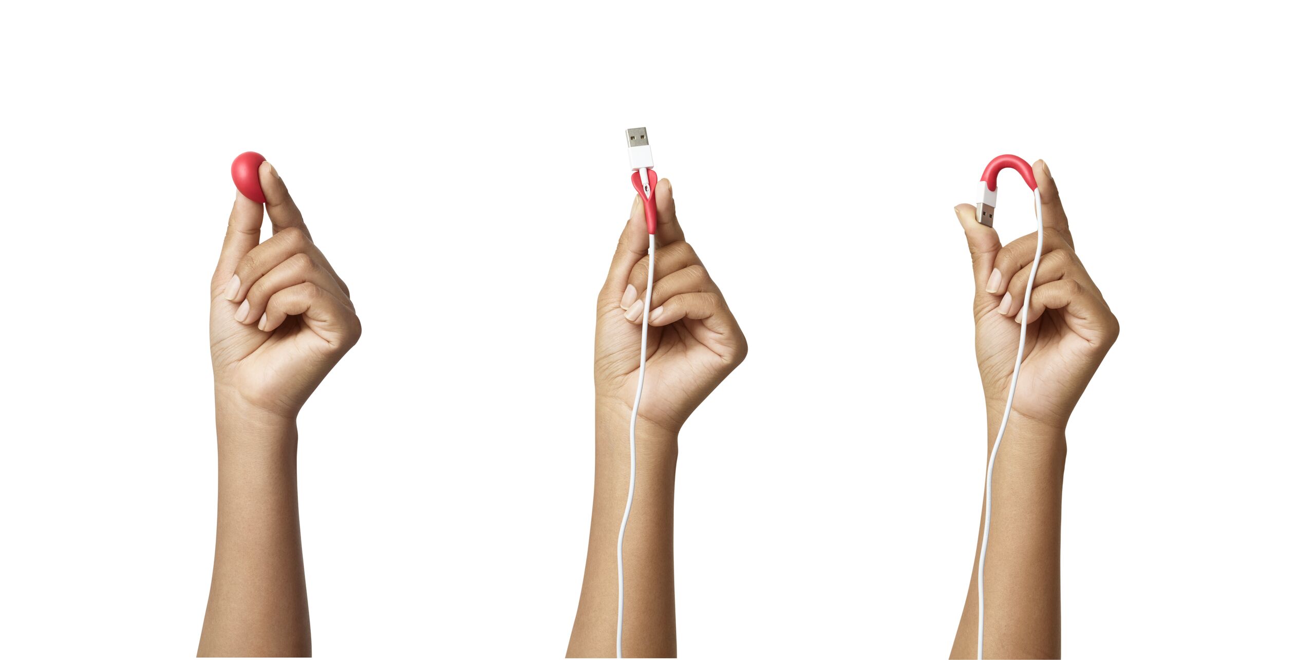 Three hands showing a cable mended with red Sugru in three steps
